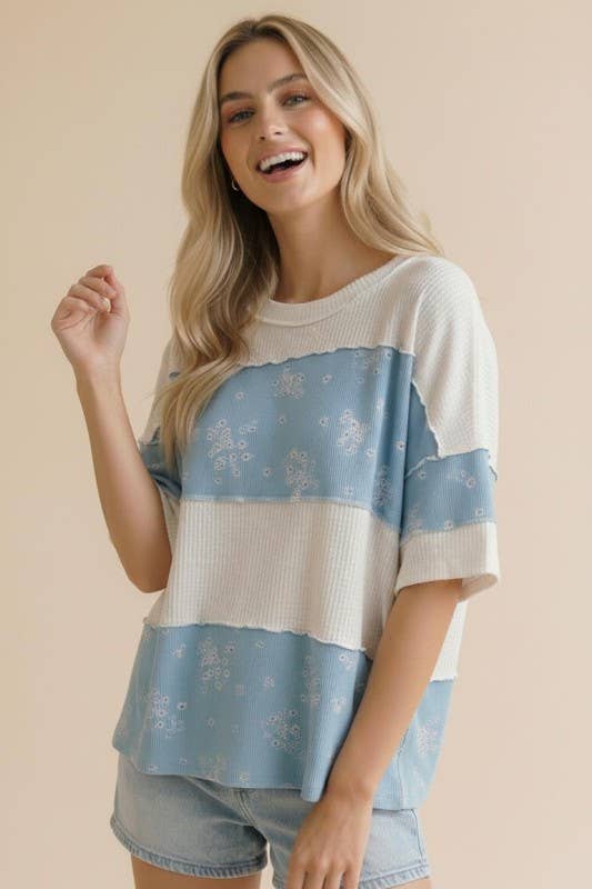 Short Sleeve Solid Rib Floral Color Block Top