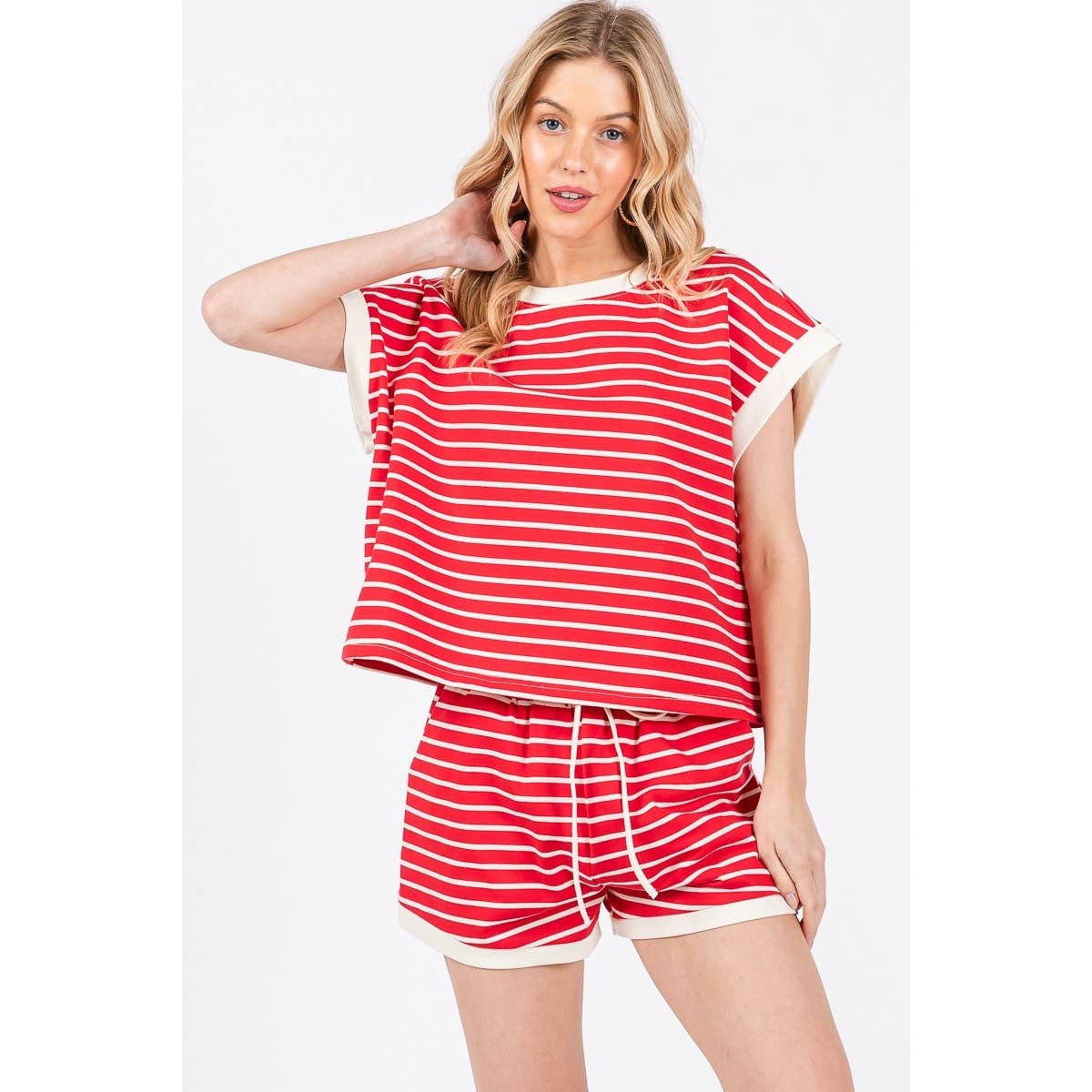 Contrast Striped Round Neck Top & Shorts Set Loungewear
