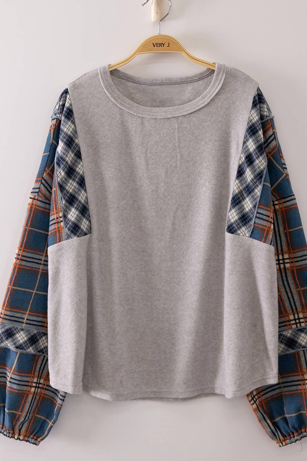 Contrast Plaid Sleeve Top
