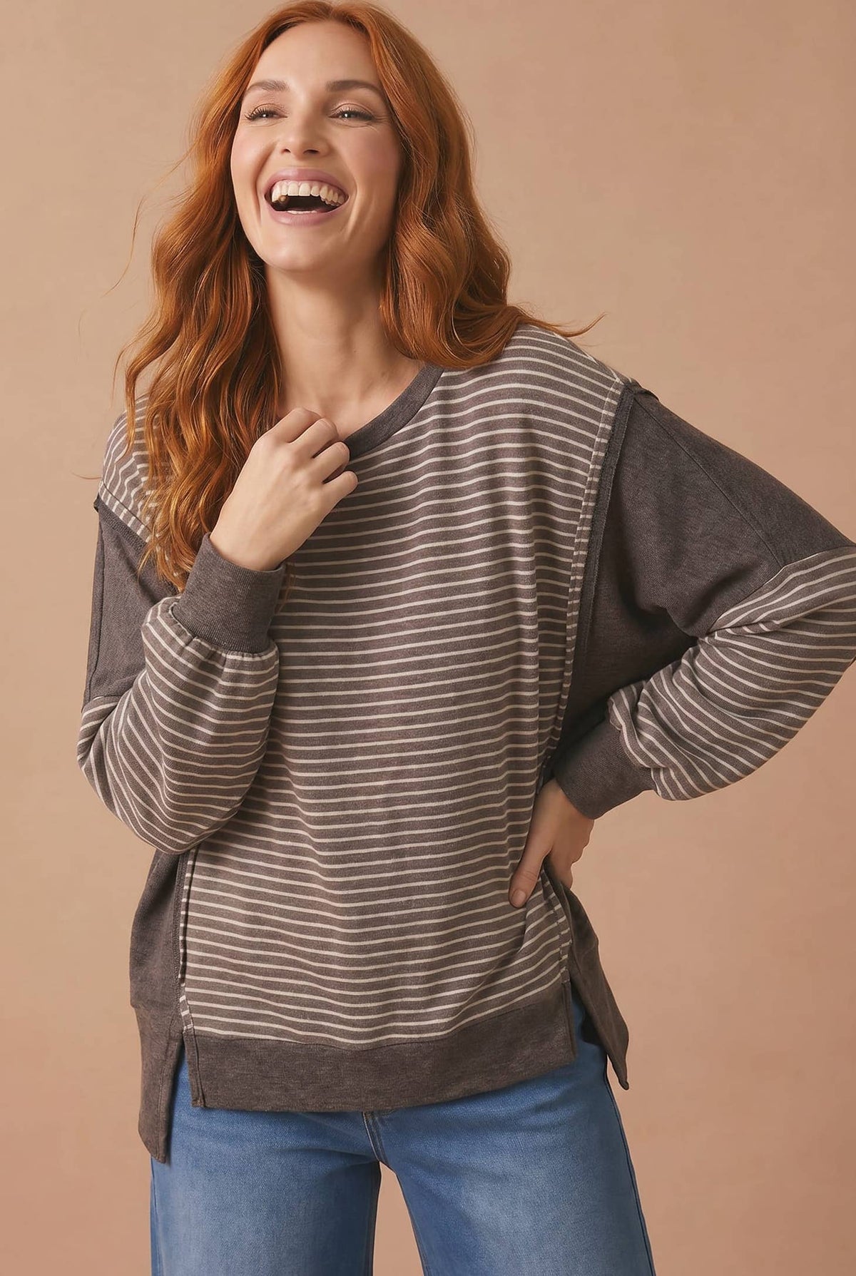 Drop Shoulder Stripe Color Block Pullover Top