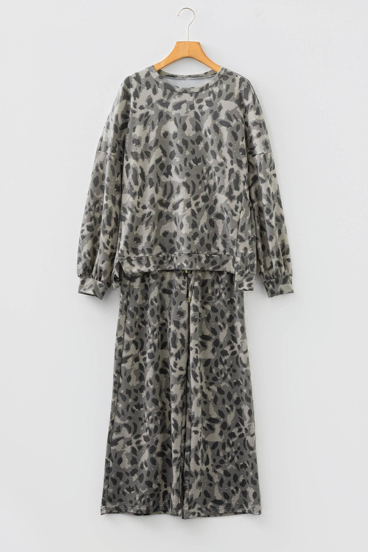 Brown Leopard Print Patchwork Pullover Drawstring Loose Pant Set