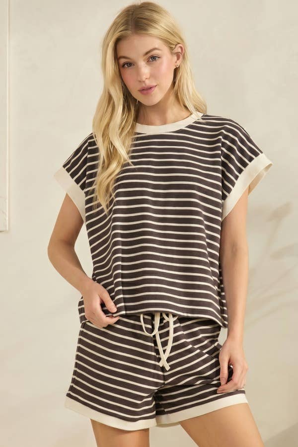 Contrast Striped Round Neck Top & Shorts Set Loungewear