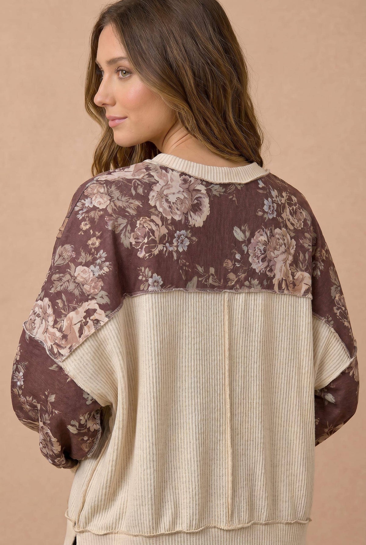 Color Block Floral Pullover Knit Top