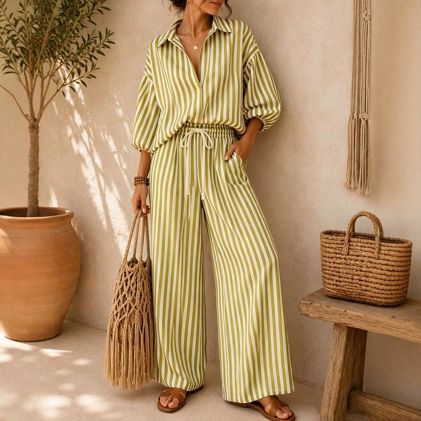 Striped Oversized Shirt Wide Leg Pants Set