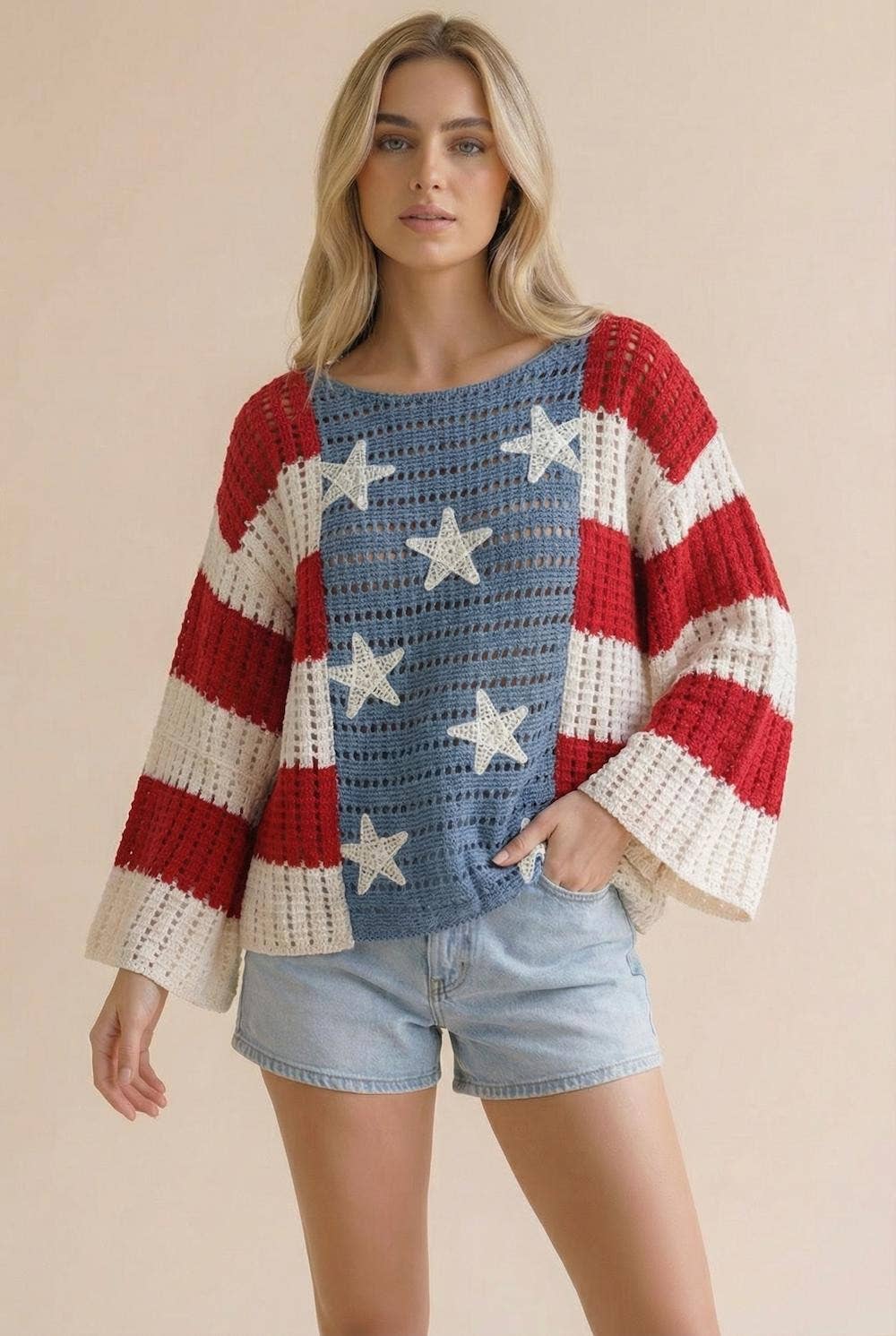 Long Sleeve Star and Stripe Crochet Sweater