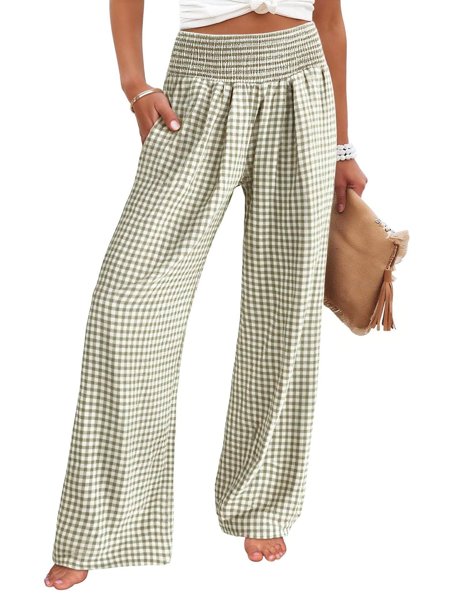 Gingham High Waist Wide Leg Pants with Pockets