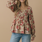 Plus V Neck Floral Babydoll Smocking Fit Top