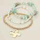 3PCS - Hammered Metal Cross Charm Pearl Beaded Stretch Multi Layered Bracelets