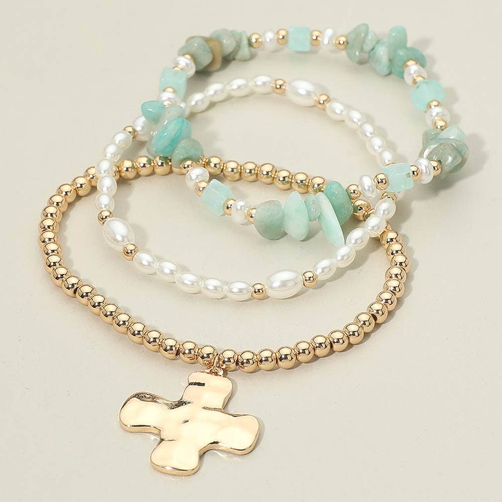 3PCS - Hammered Metal Cross Charm Pearl Beaded Stretch Multi Layered Bracelets