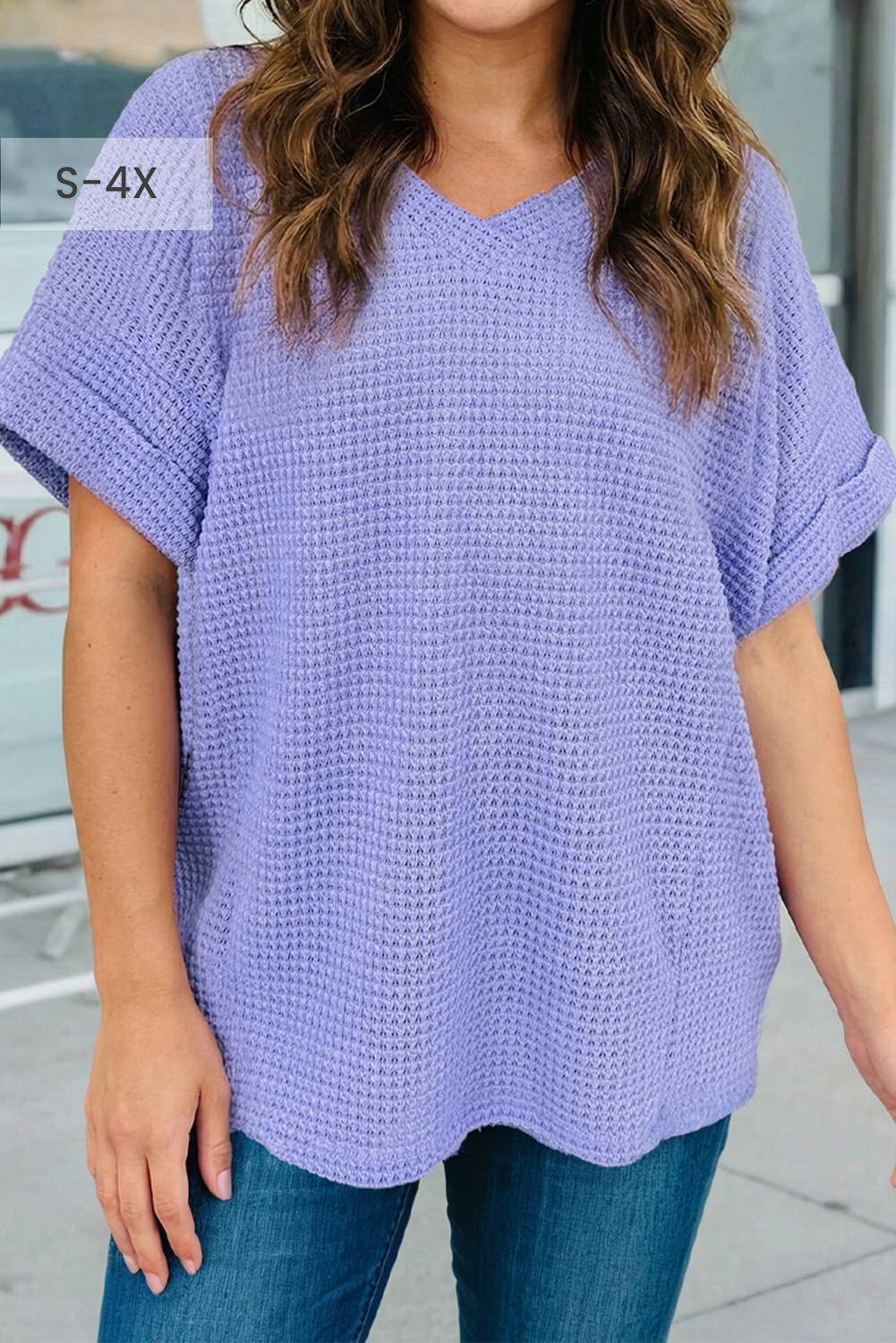 Waffle V Neck Short Sleeve Knit