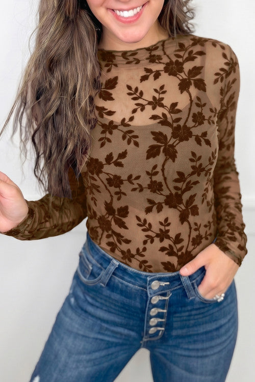 Apricot Floral Mesh Long Sleeve Round Neck