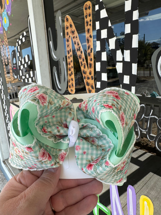 Aqua with Pink Floral Bow - Alligator Clip