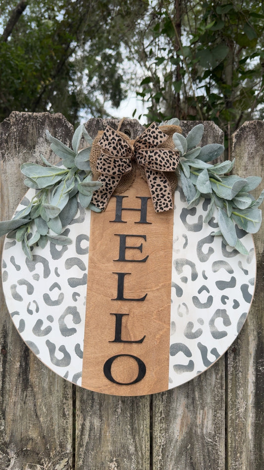 White & Grey Leopard Hello Door Hanger