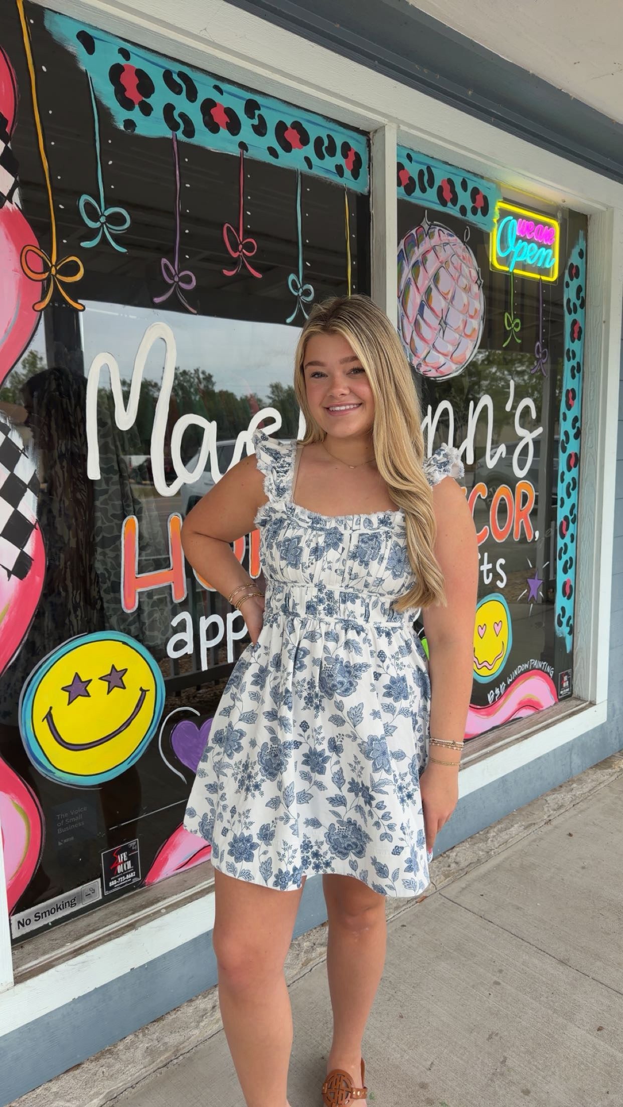 White Denim Blue Flower Mini Dress