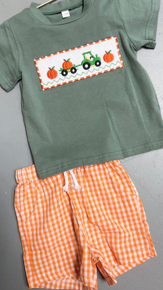 Tractor/Pumpkin Gingham Short Set