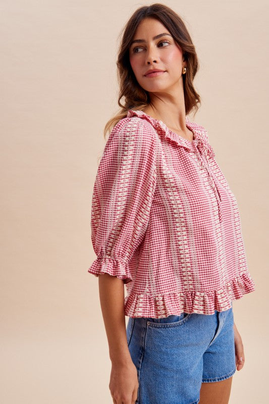 Embroidered Gingham Check Ruffle Blouse