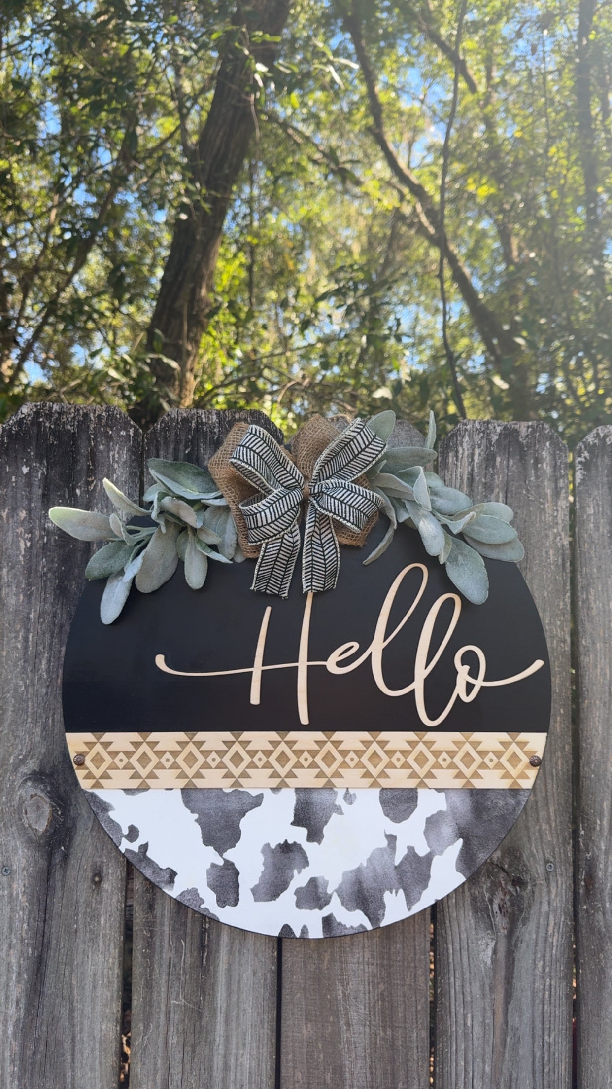 Aztec cow print hello door hangers