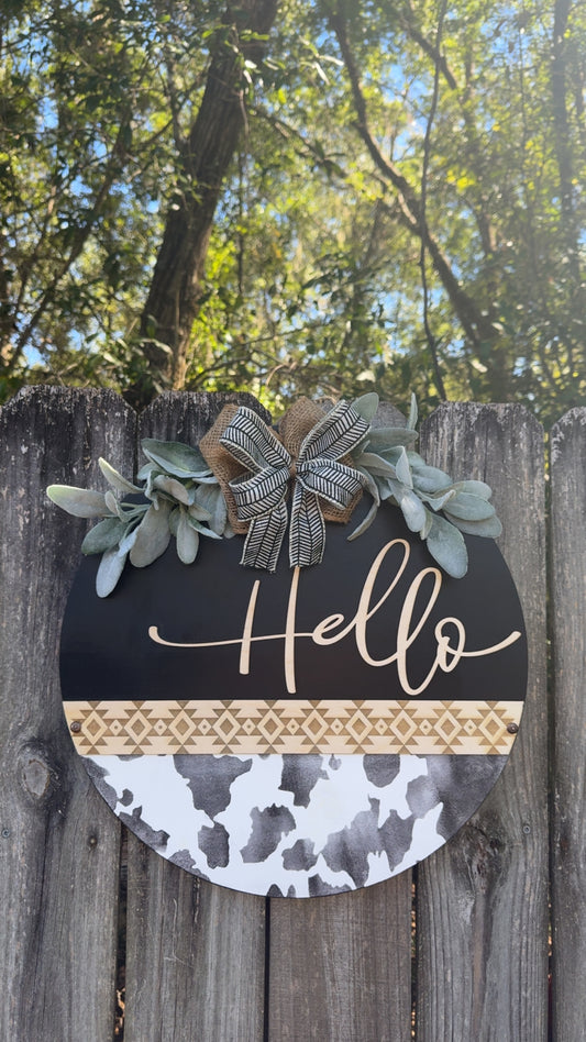 Aztec cow print hello door hangers