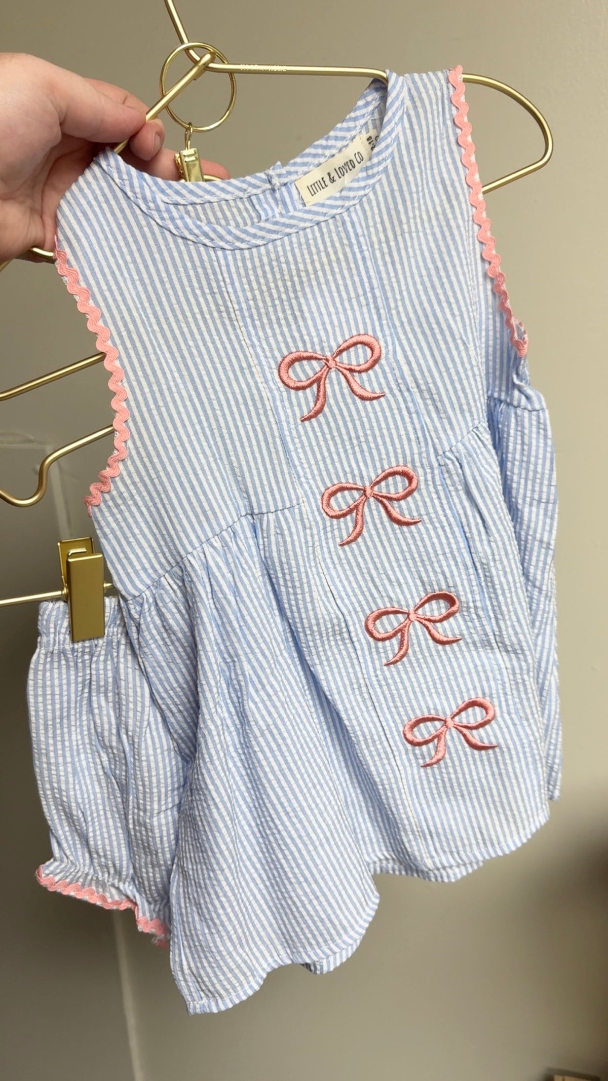 Blue Stripe Pink Bow Short Set