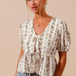 Floral Print Tie Front Shirred Hem Blouse