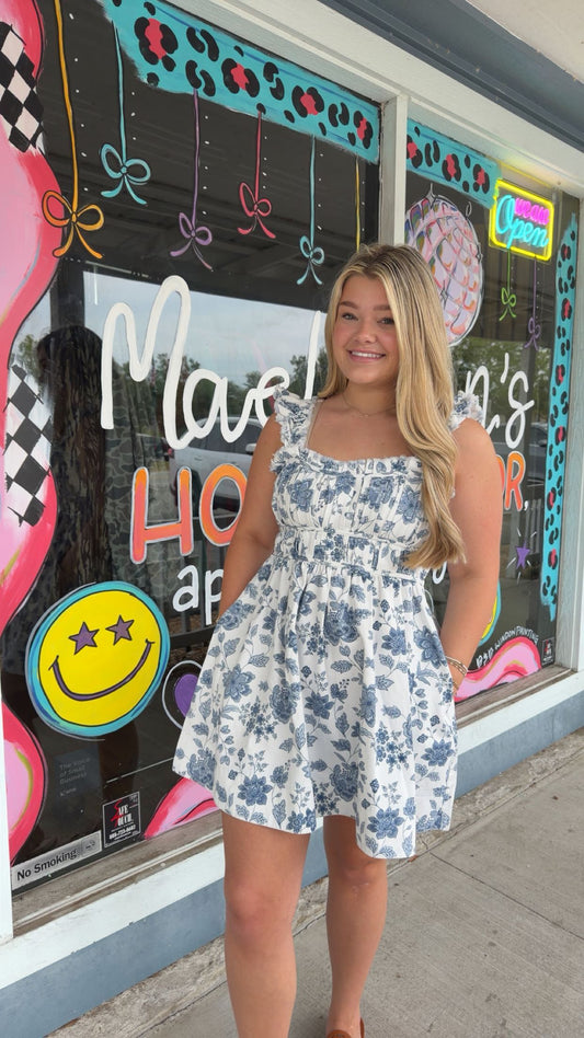 White Denim Blue Flower Mini Dress