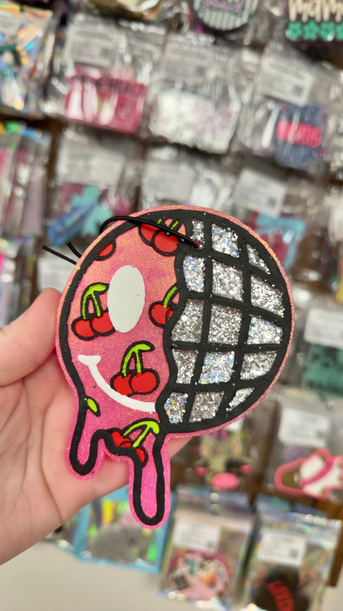 Leather Freshie- Disco/Cherry Smiley Face