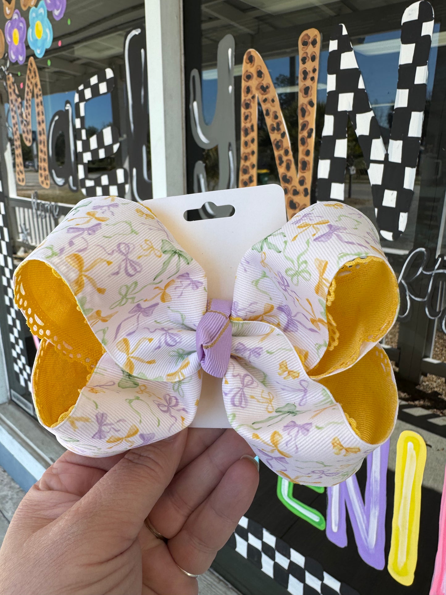 Yellow with Purple Green Yellow Ribbons Bow- Alligator Clip