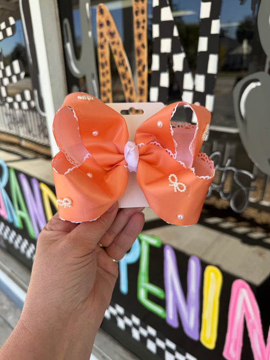 Peach with White Pearl Accents Bow - Alligator Clip