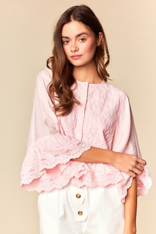Pink Lace Mid-sleeve Top