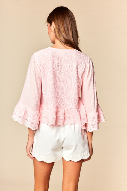 Pink Lace Mid-sleeve Top