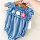 TTB Blue Linen Flower Puff Romper