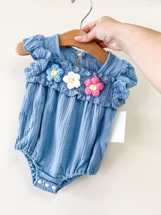 TTB Blue Linen Flower Puff Romper