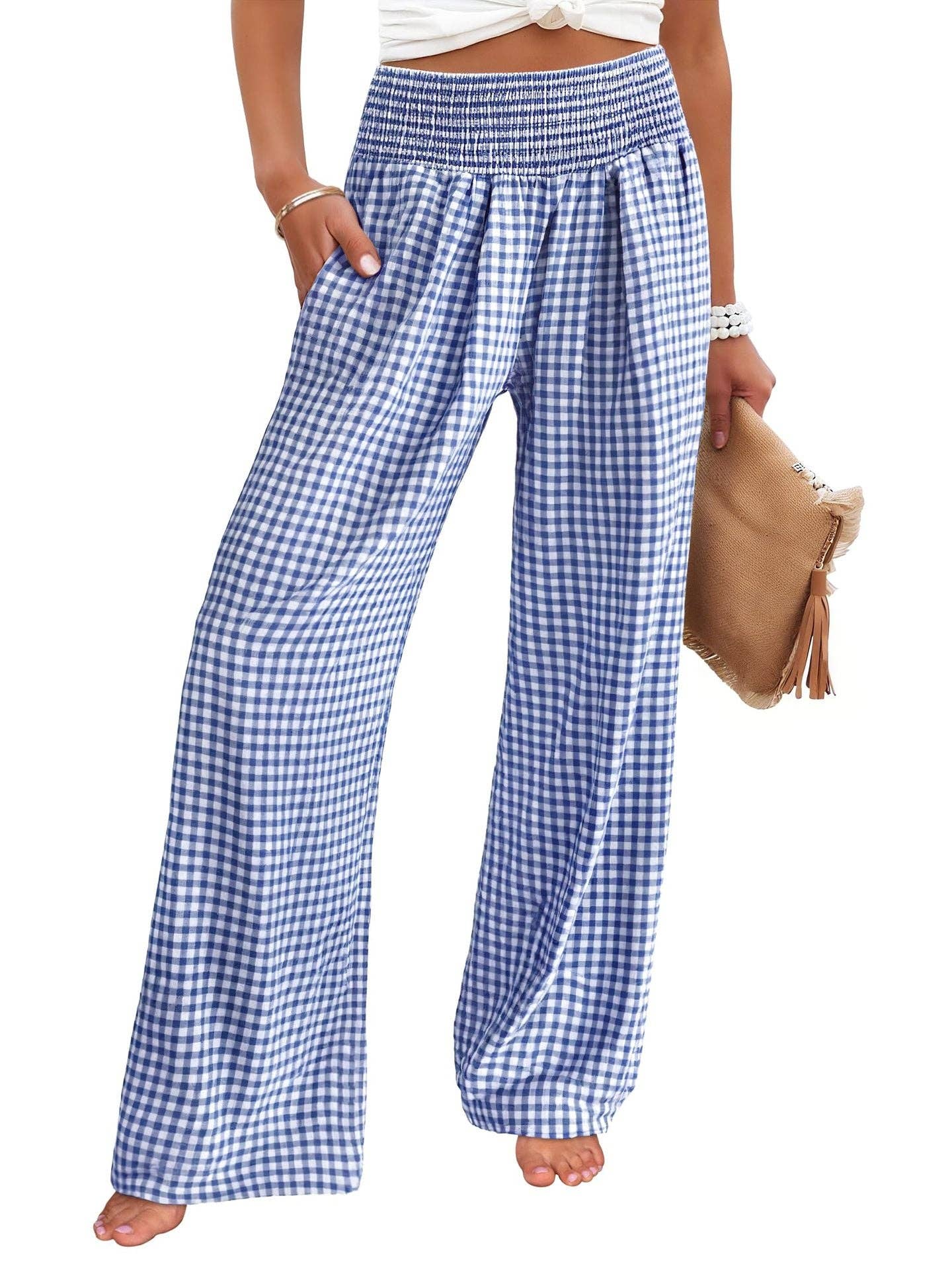 Gingham High Waist Wide Leg Pants with Pockets