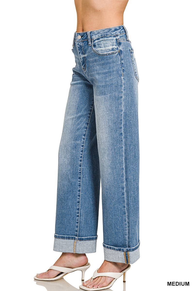 High Rise Cuffed Wide Leg Denim Pants - Zenana