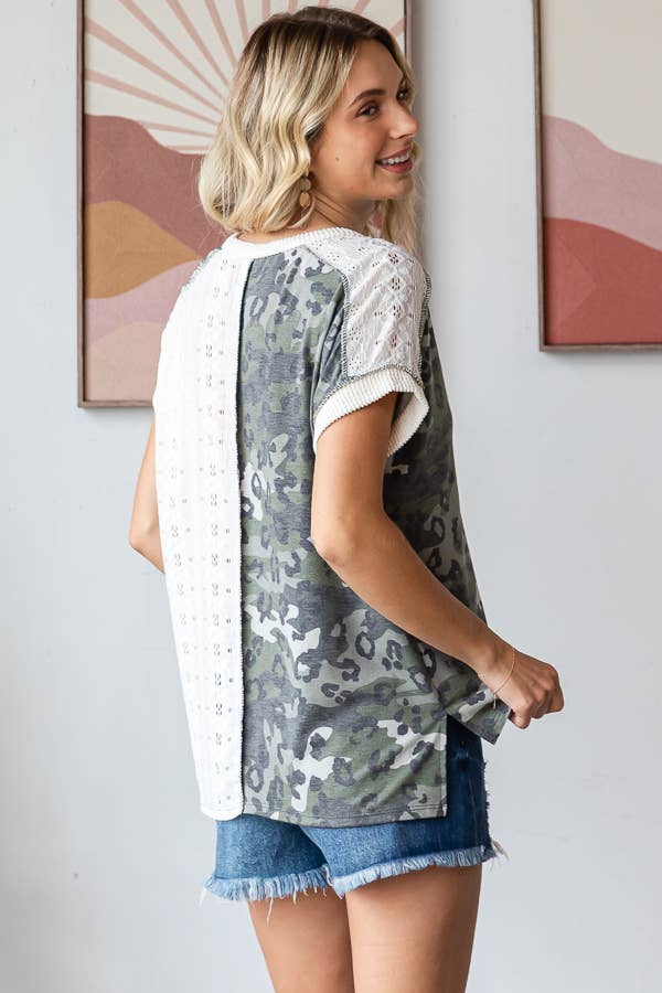 Camo Animal Lace Contrast Button Front Short Sleeve