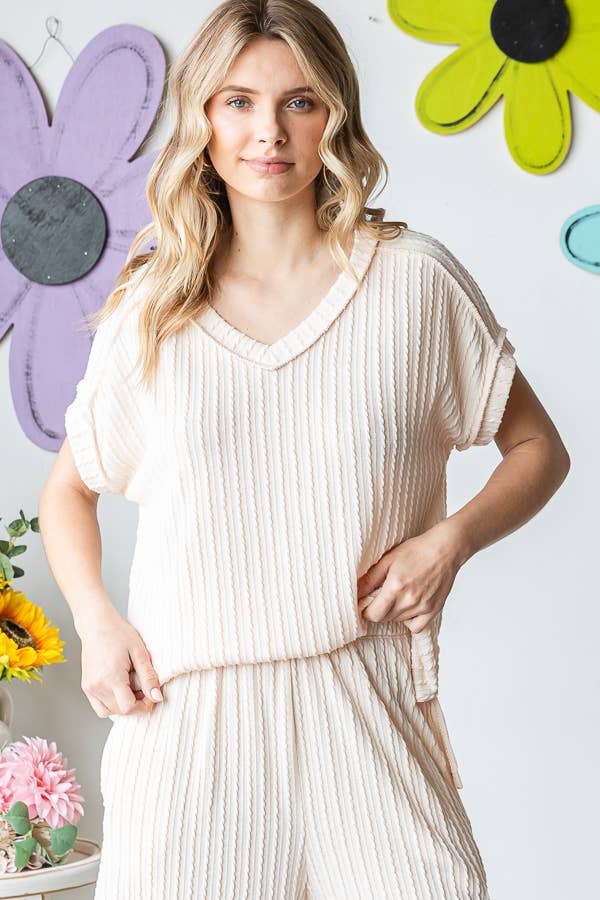 Textured V neck Top And Wide Leg Lounge Set