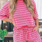 Stripe Rib Loose Tee Drawstring Elastic Waist 2pcs Short Set