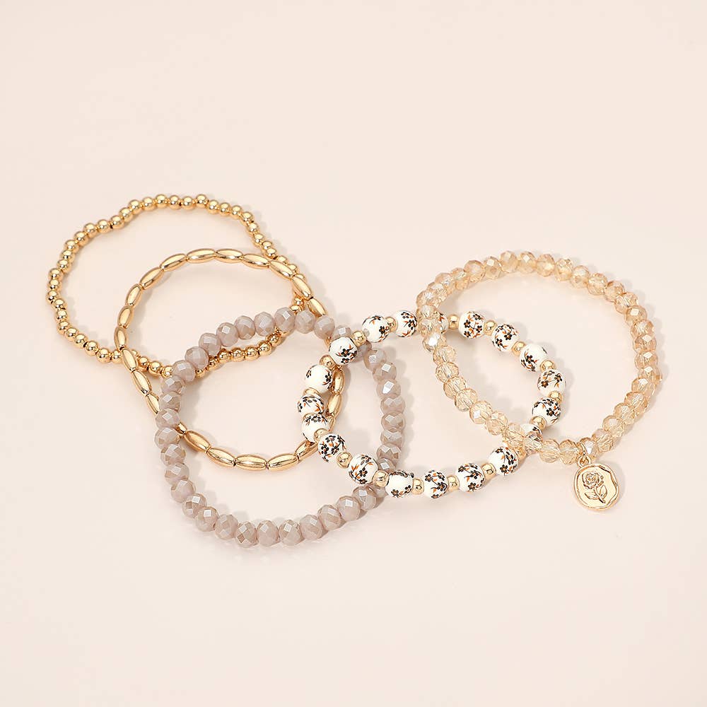 5PCS - Flower Stem Embossed Oval Charm Faceted Beaded Stretch Multi Layered Bracelets