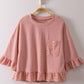 Half Sleeve Lace Ruffle Detail Textured Knit Top