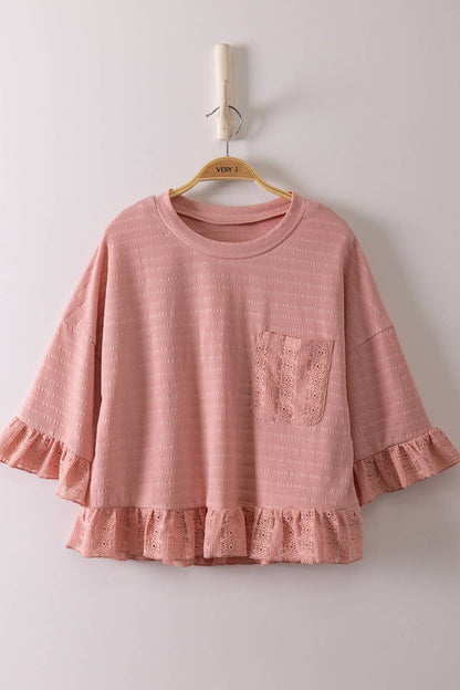 Half Sleeve Lace Ruffle Detail Textured Knit Top