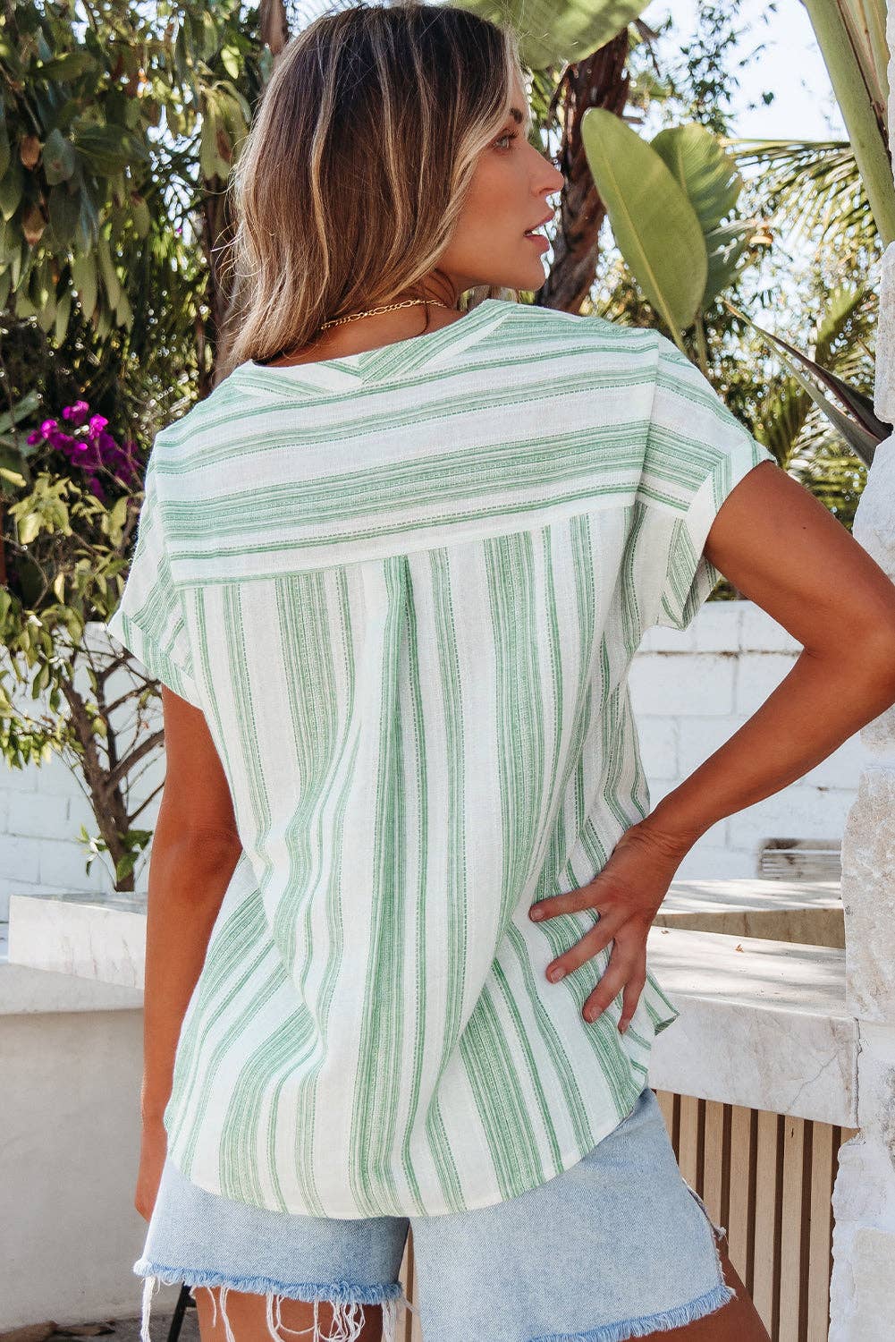 Stripe Half Buttoned Short Sleeve Blouse