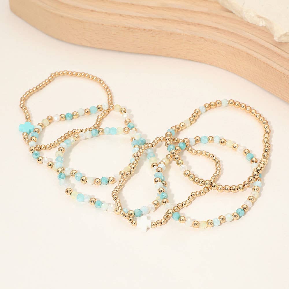 6PCS - Cross Charm Faceted Beaded Stretch Multi Layered Bracelets