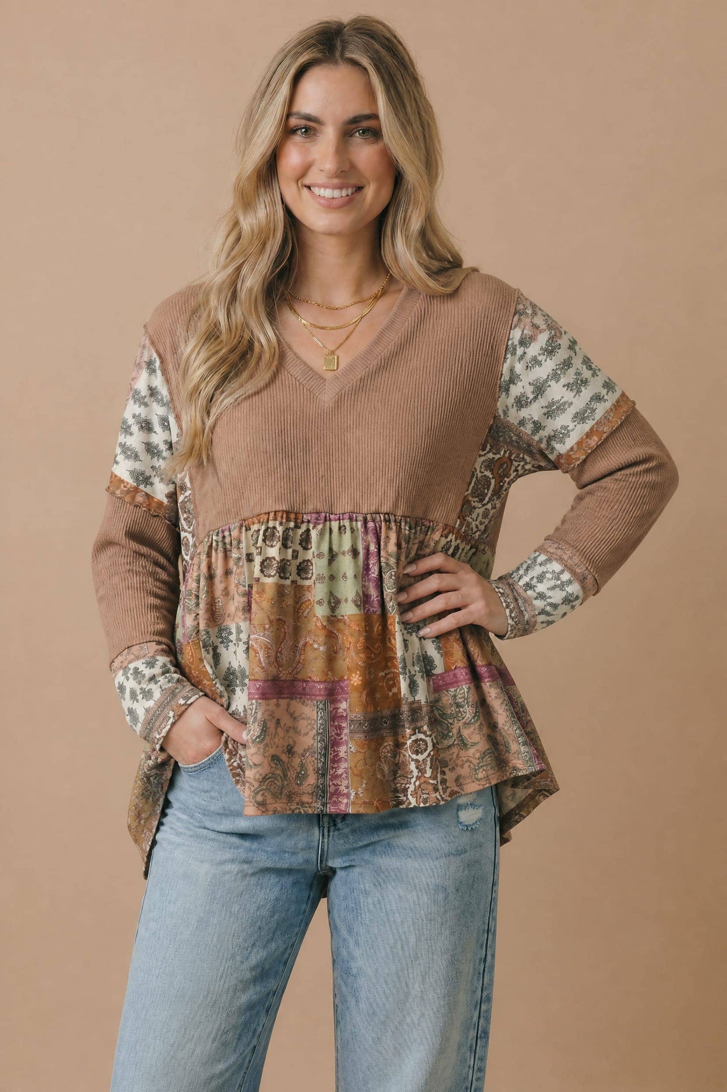 Boho Print Color Block Knit Top