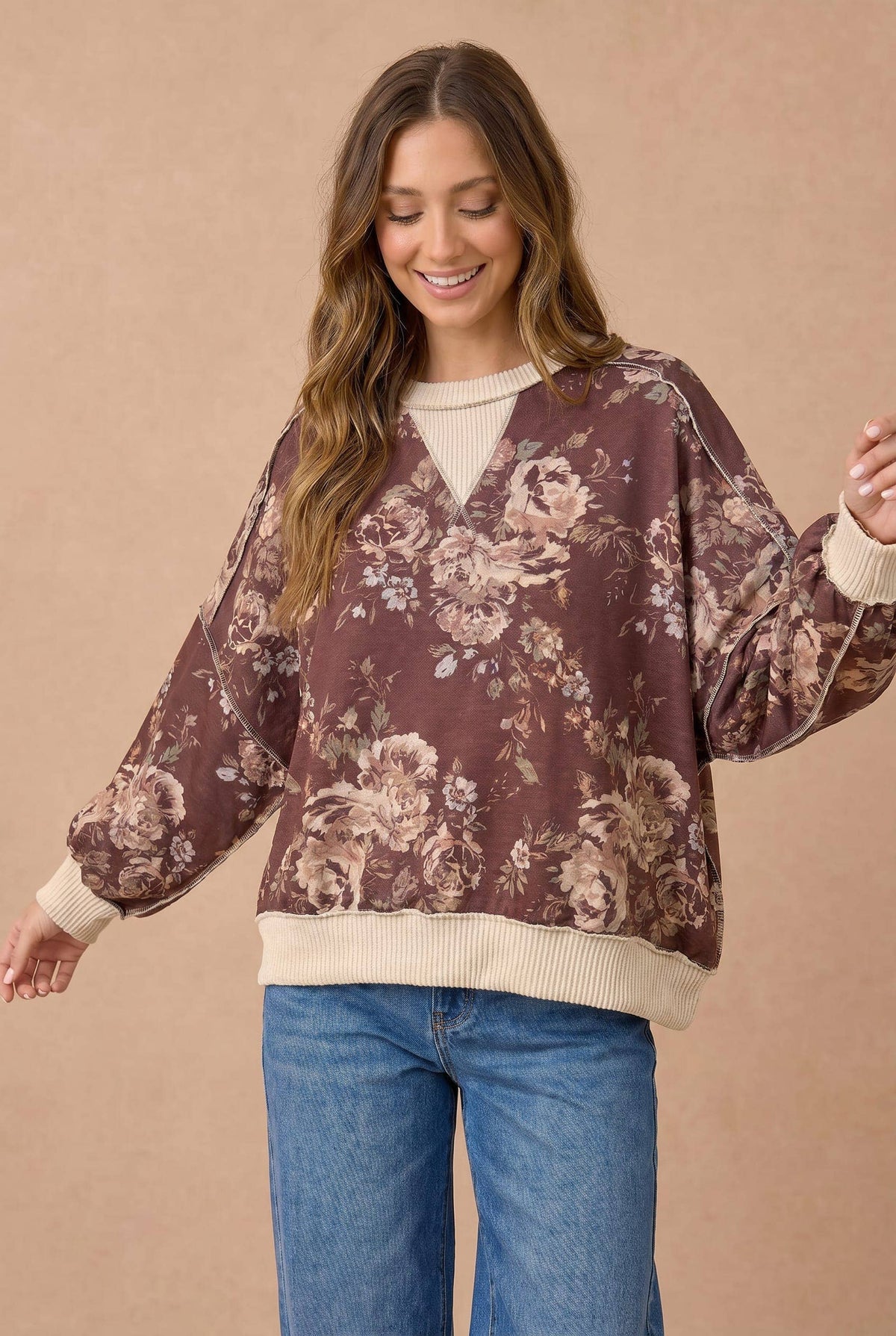 Color Block Floral Pullover Knit Top