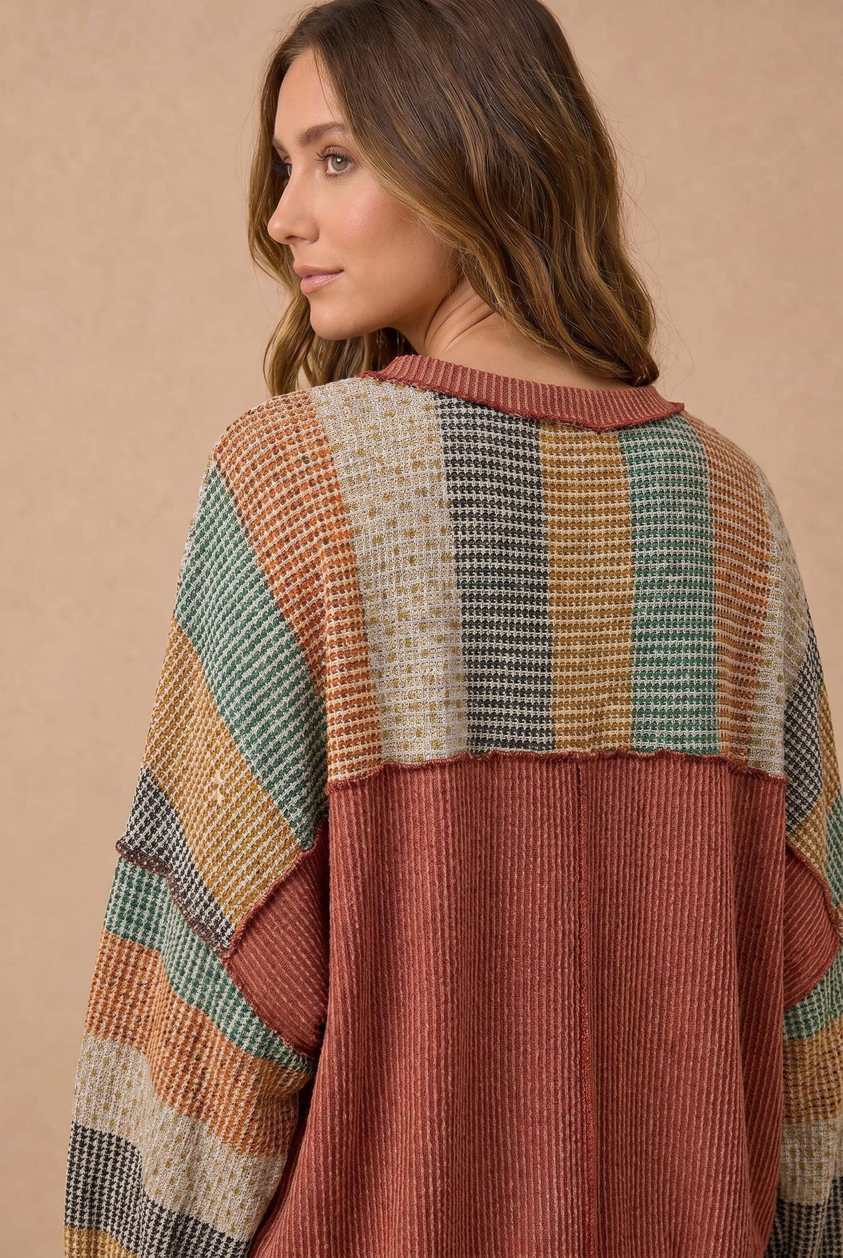 Stripe Waffle Wave Rib Banded Hem Pullover
