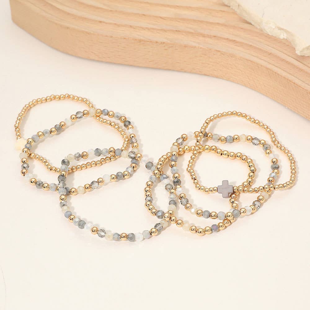 6PCS - Cross Charm Faceted Beaded Stretch Multi Layered Bracelets