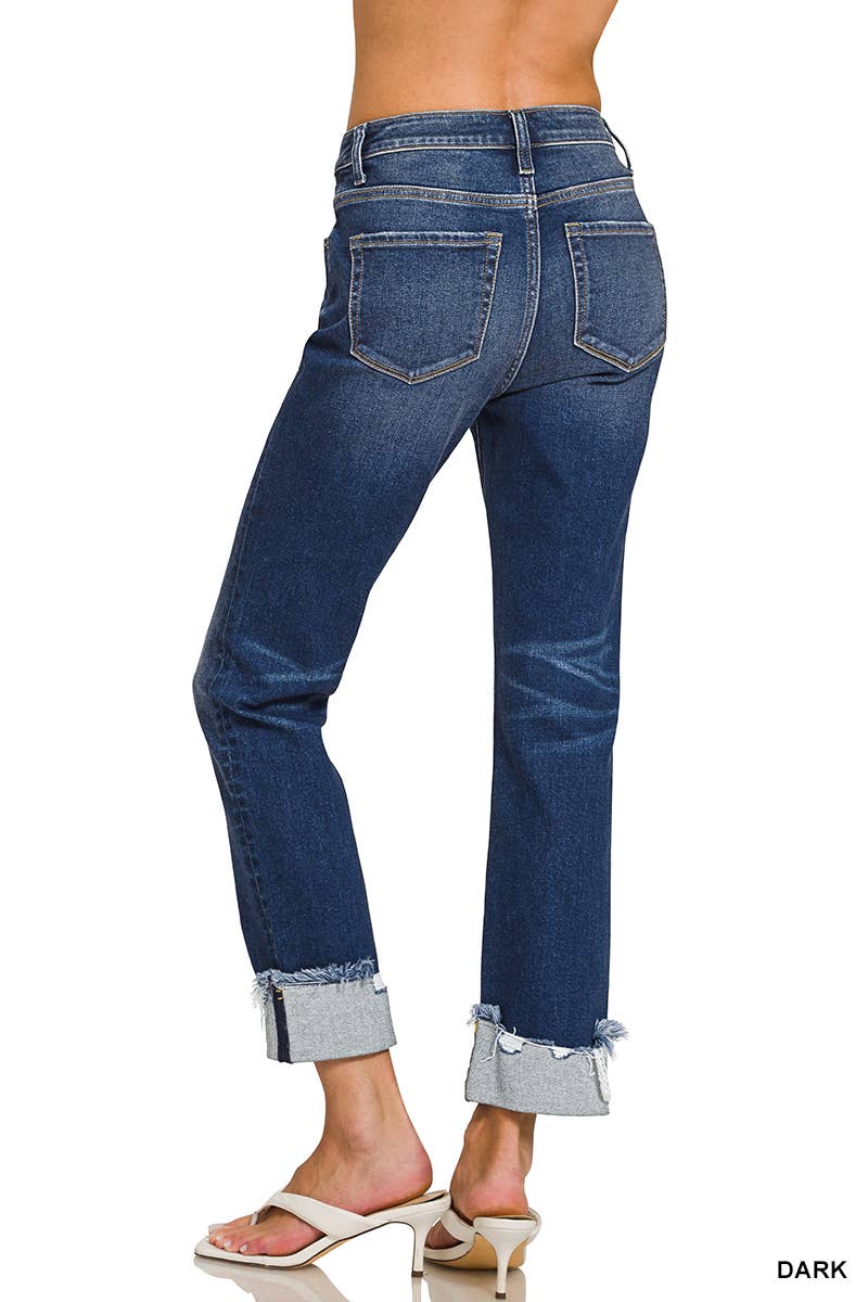 0303 Cuffed Distressed Hem Denim Pants SI-28860 Zenana