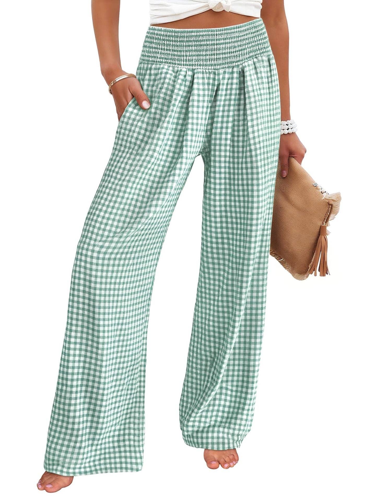Gingham High Waist Wide Leg Pants with Pockets