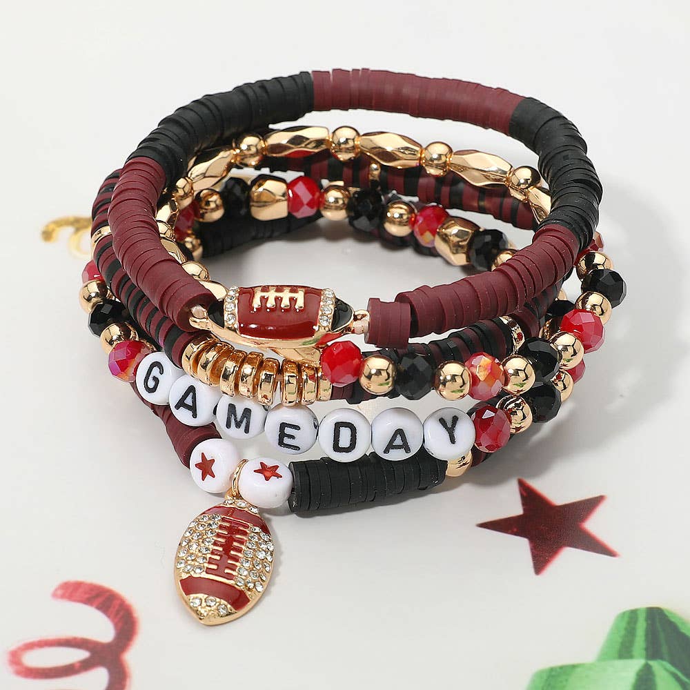 5PCS - GAME DAY Football Charm Heishi Faceted Beaded Stretch Multi Layered Bracelets