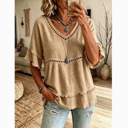 Boho Linen V Neck Blouse Eyelet Ruffle Sleeve